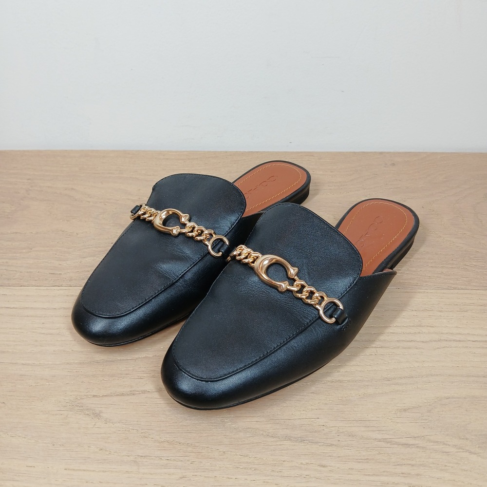 Coach Mules Women 5.5 Black Leather Chain Horsebit Slip On Loafer Classic